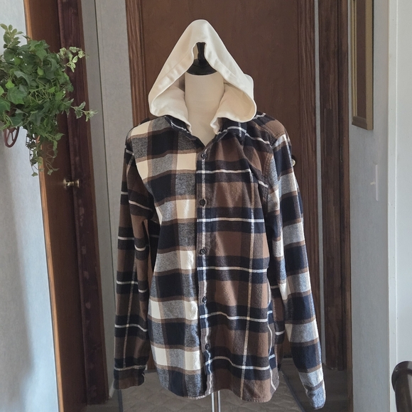 Hollister Women's L Hooded Split Plaid Shacket TwoTone Colorblock Cotton Flannel - Picture 15 of 16